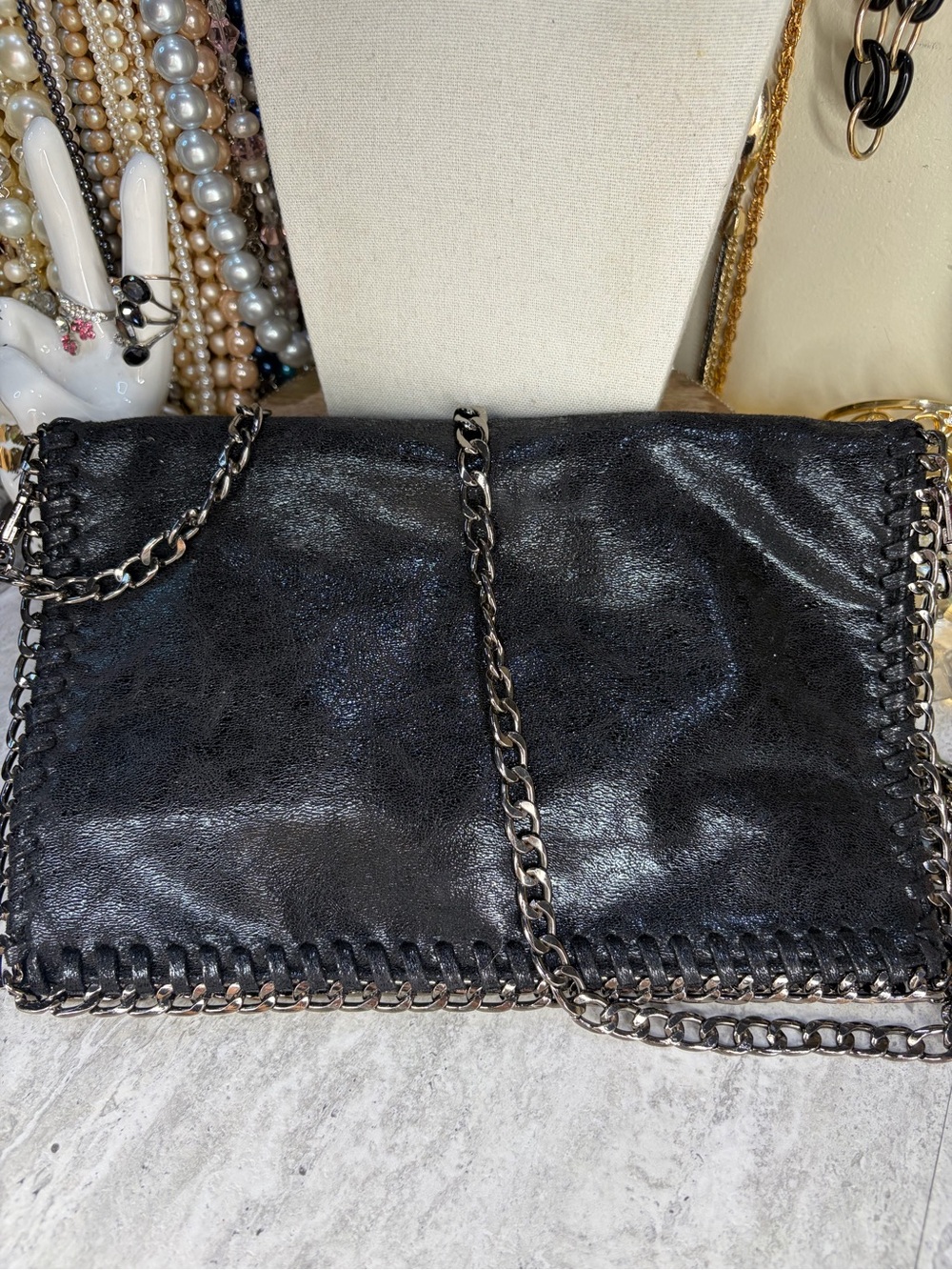 Whipstitch Metallic Black Purse Gunmetal Chain Strap Crossbody Bag Fold Over